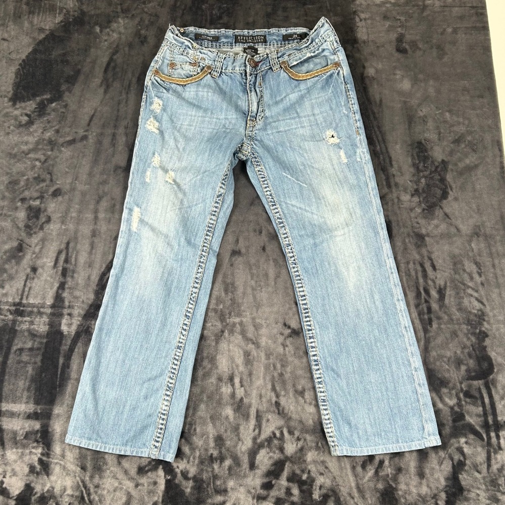 Affliction Jeans Mens 34x34 Blue Cooper Relaxed Boot Distressed Fleur De Lis Y2K